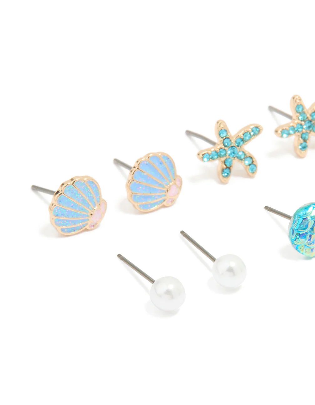 Kids Glitter Gold Sea & Starfish Stud Earrings 6-Pack - Image 2