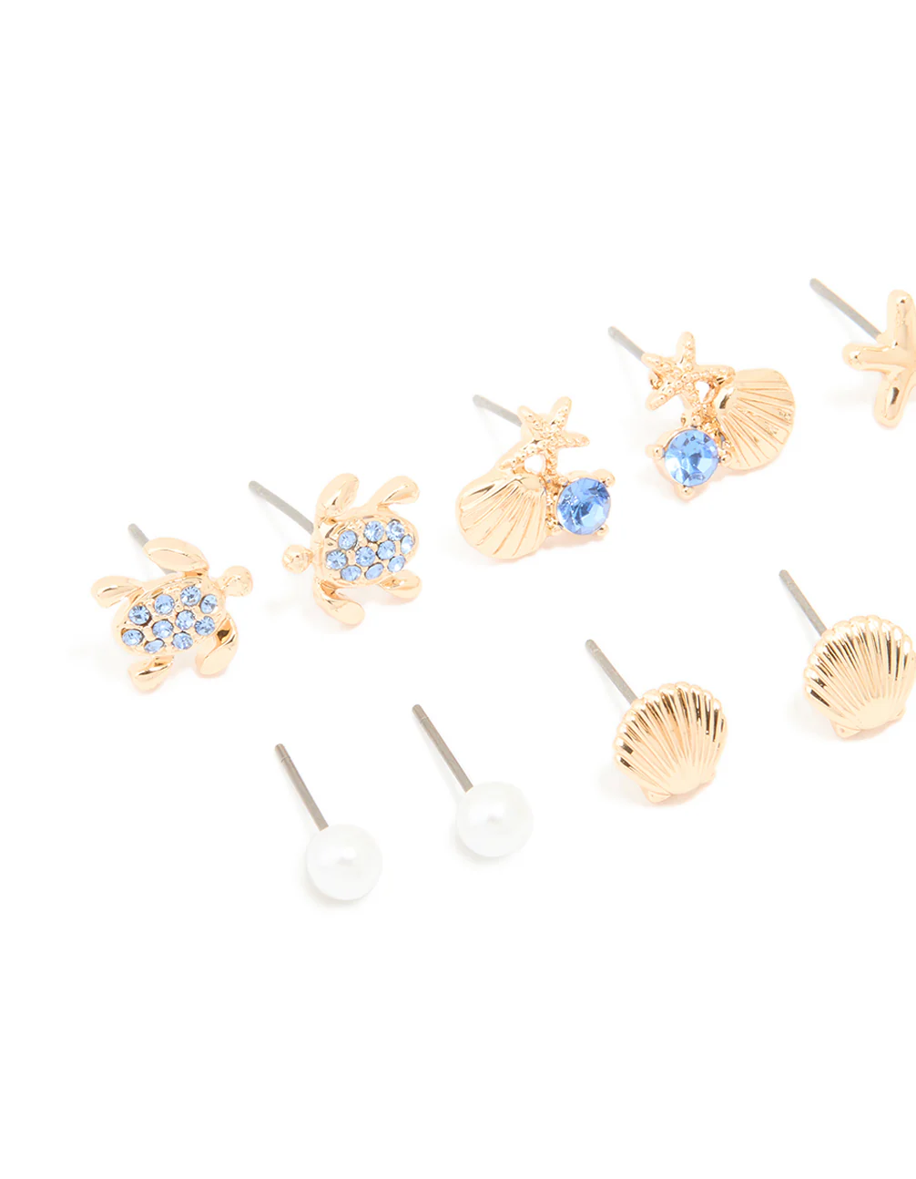 Kids Gold Blue Diamante Turtle & Starfish Stud Earrings 6-Pack - Image 2