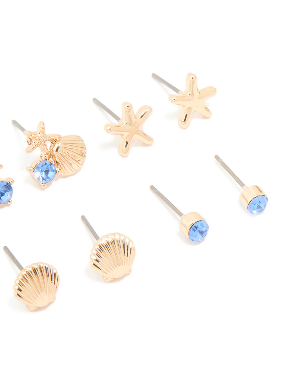 Kids Gold Blue Diamante Turtle & Starfish Stud Earrings 6-Pack - Image 3