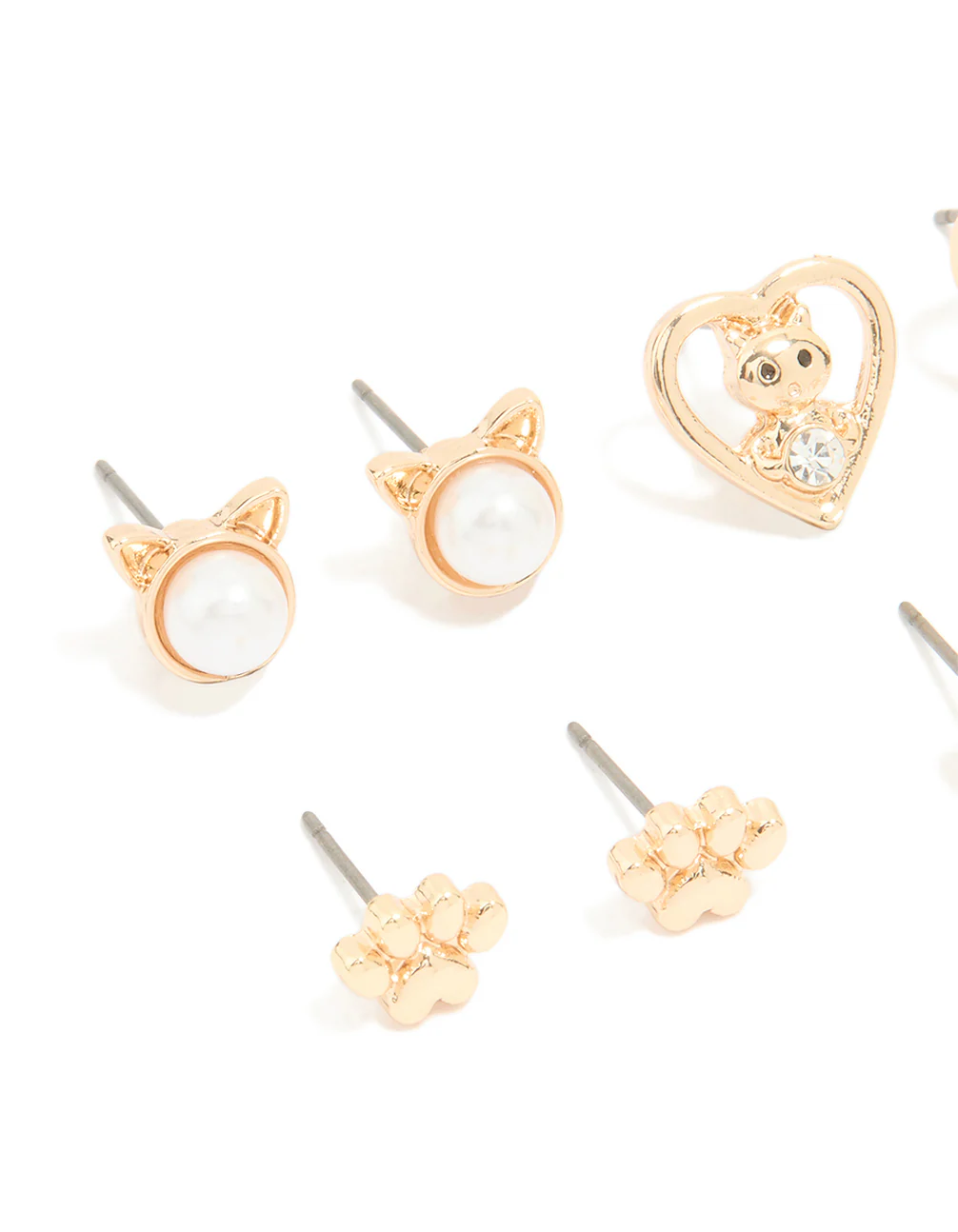 Kids Gold Cat Paw & Cat Design Stud Earrings 6-Pack - Image 2