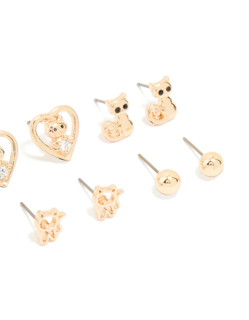 Kids Gold Cat Paw & Cat Design Stud Earrings 6-Pack - Image 3