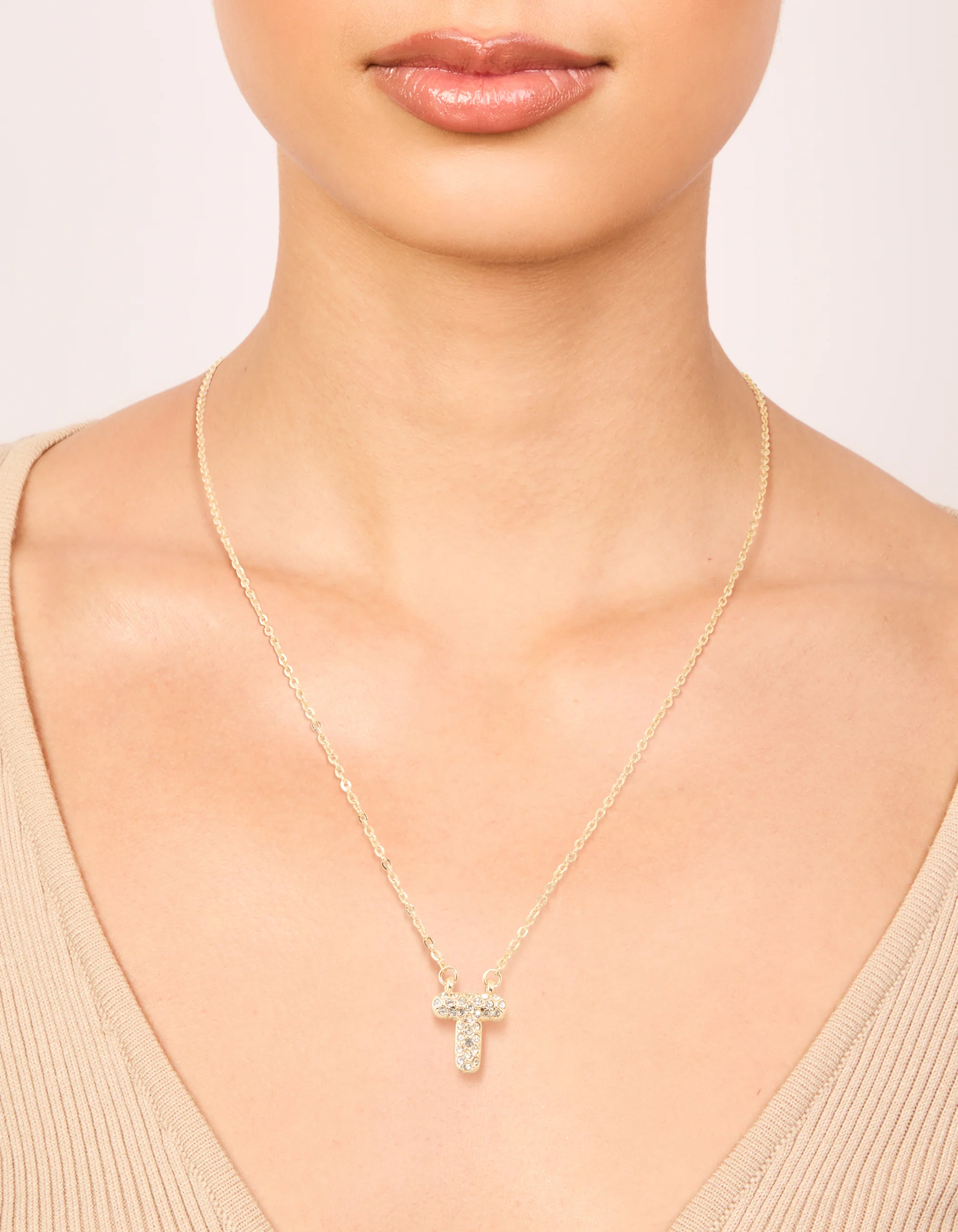 Kids Gold Cubic Zirconia Letter T Necklace - Image 2