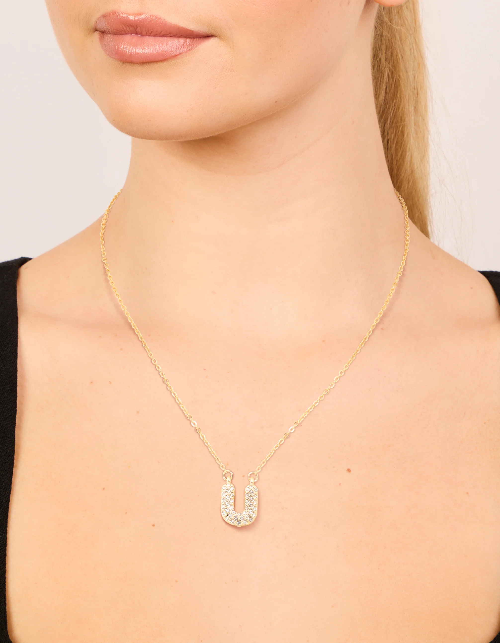Kids Gold Cubic Zirconia Letter U Necklace - Image 2
