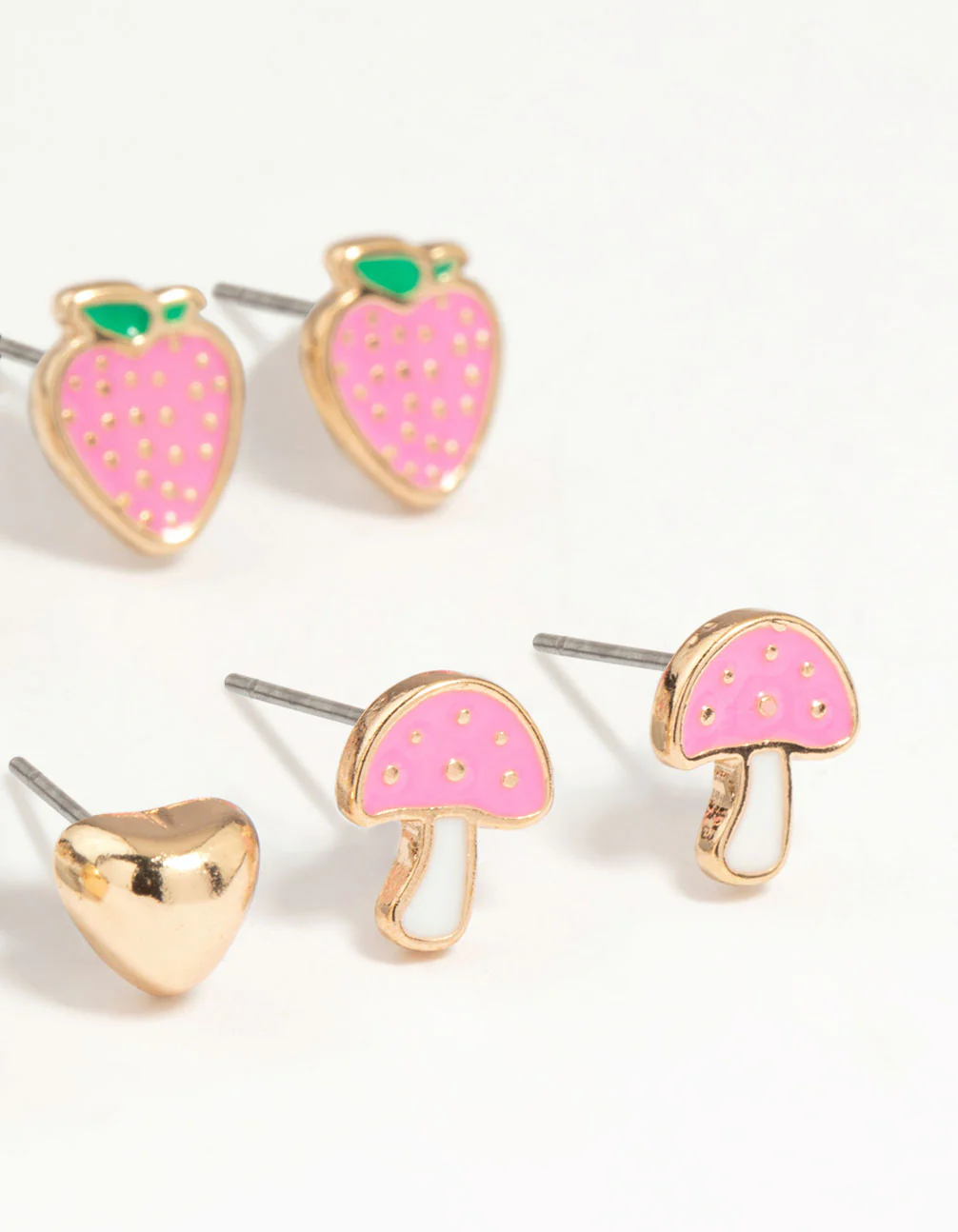Kids Gold Mushroom & Strawberry Stud Earrings 6-Pack - Image 3