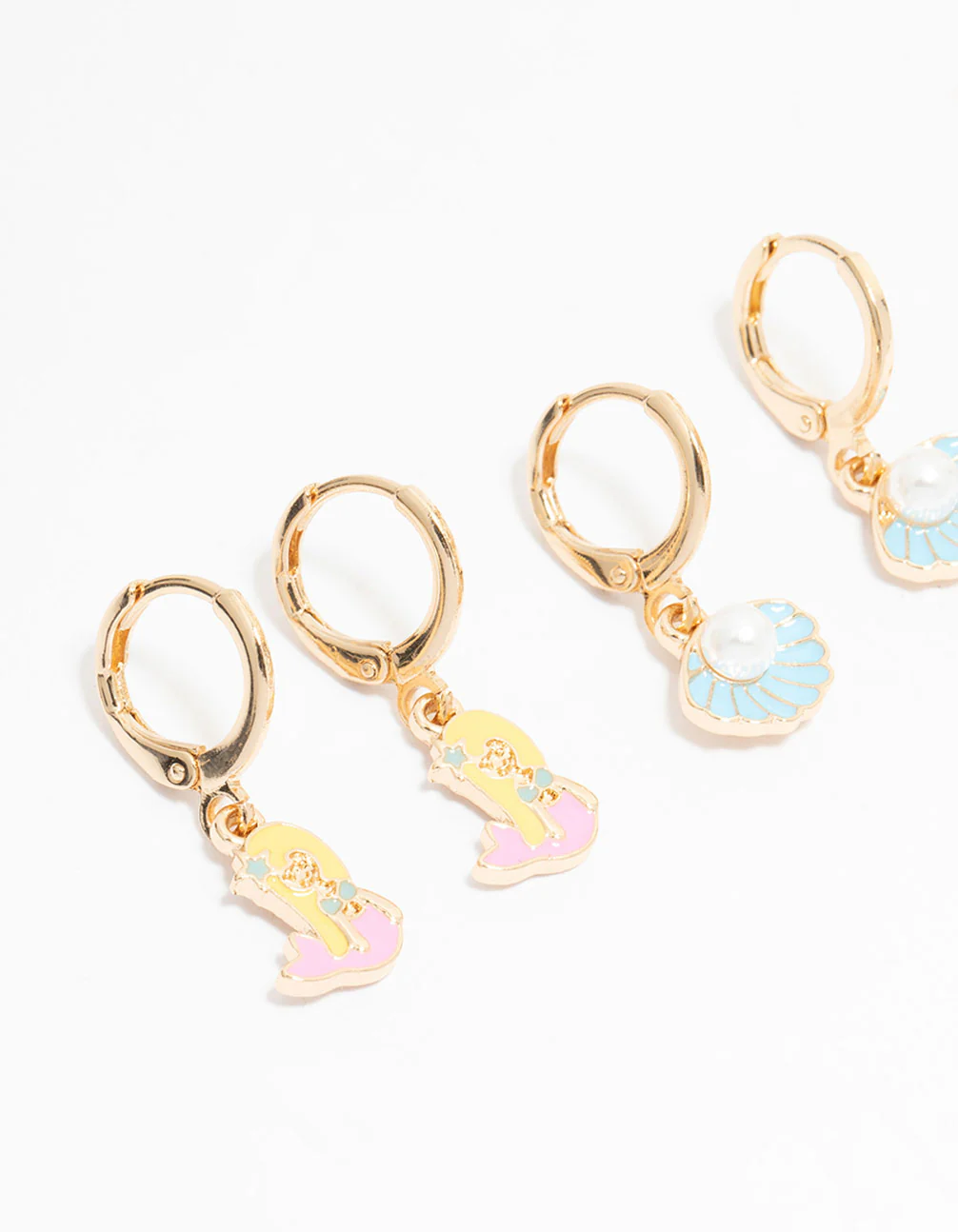 Kids Gold Pastel Mermaid & Shell Huggie Earrings 3-Pack - Image 2