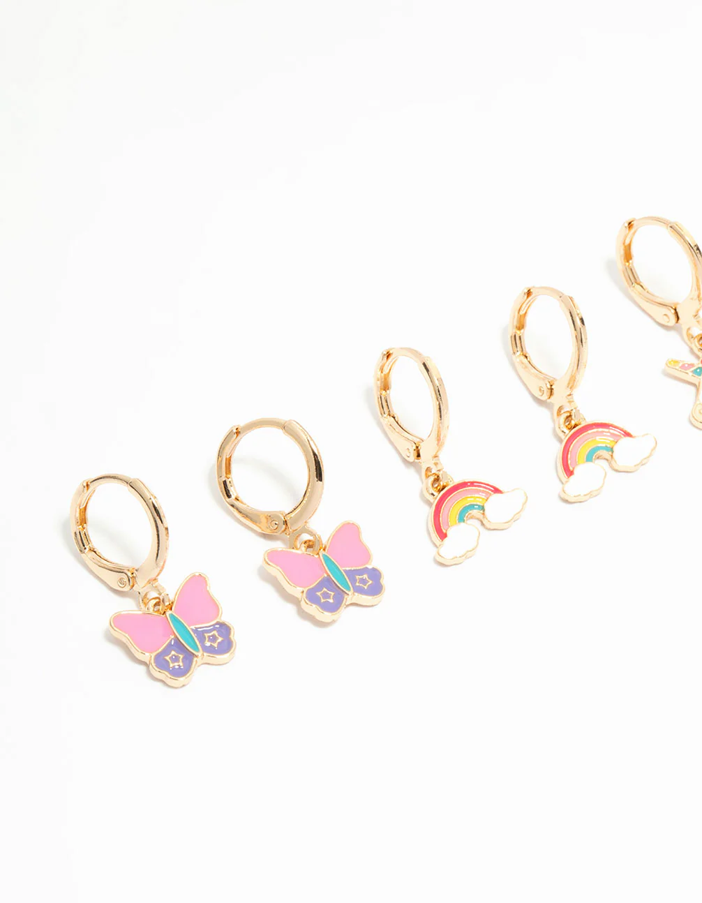 Kids Gold Pastel Unicorn & Butterfly Huggie Earrings 3-Pack - Image 2