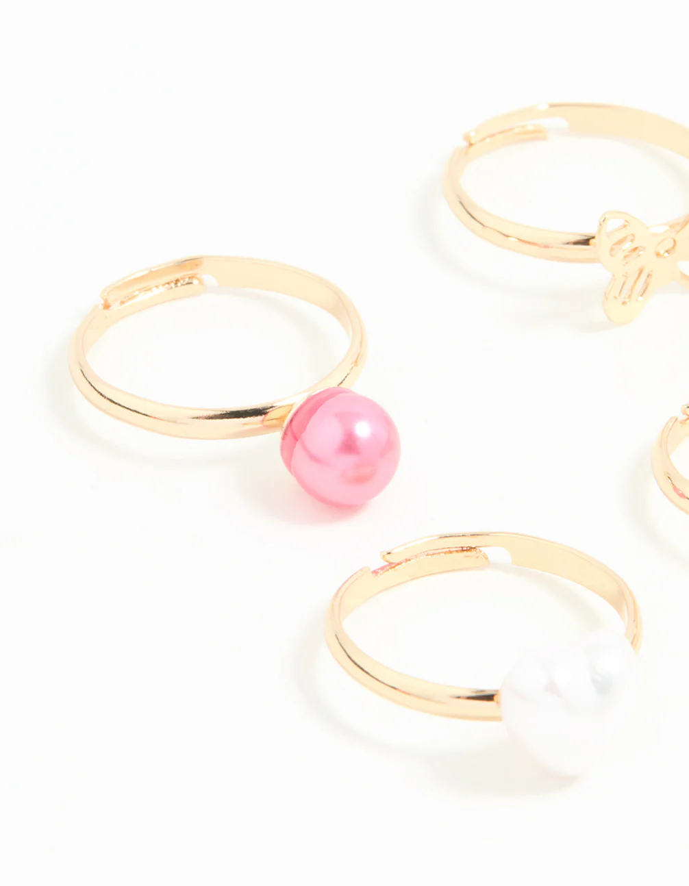 Kids Gold Pearl Heart & Butterfly Stacking Rings 6-Pack - Image 2