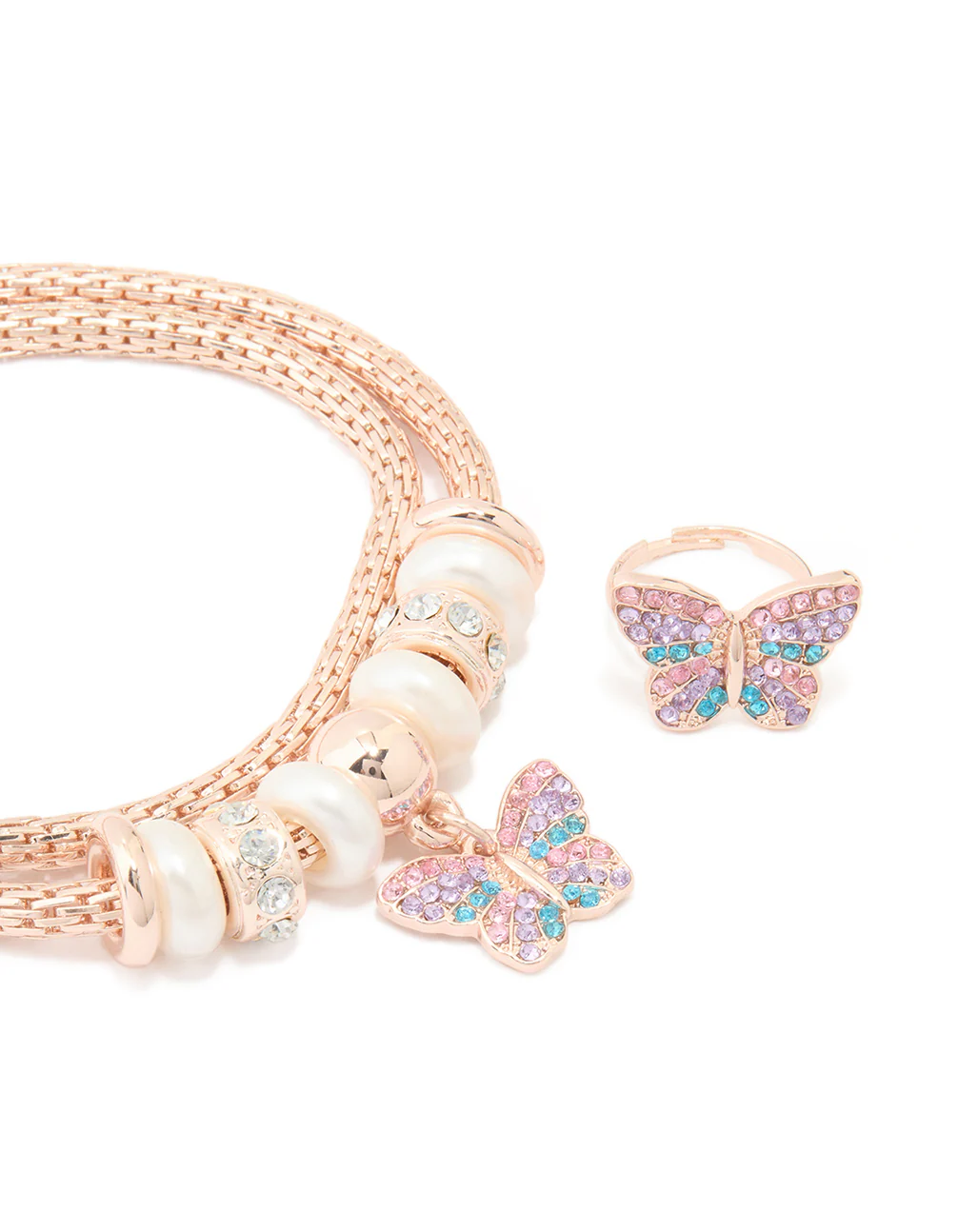 Kids Gold Pink & Blue Diamante Butterfly Necklace & Ring Set - Image 2