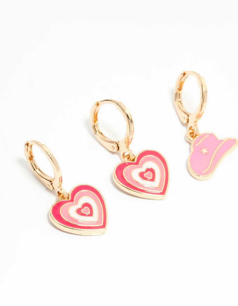 Kids Gold Pink Cowgirl & Heart Huggie Earrings 3-Pack - Image 2