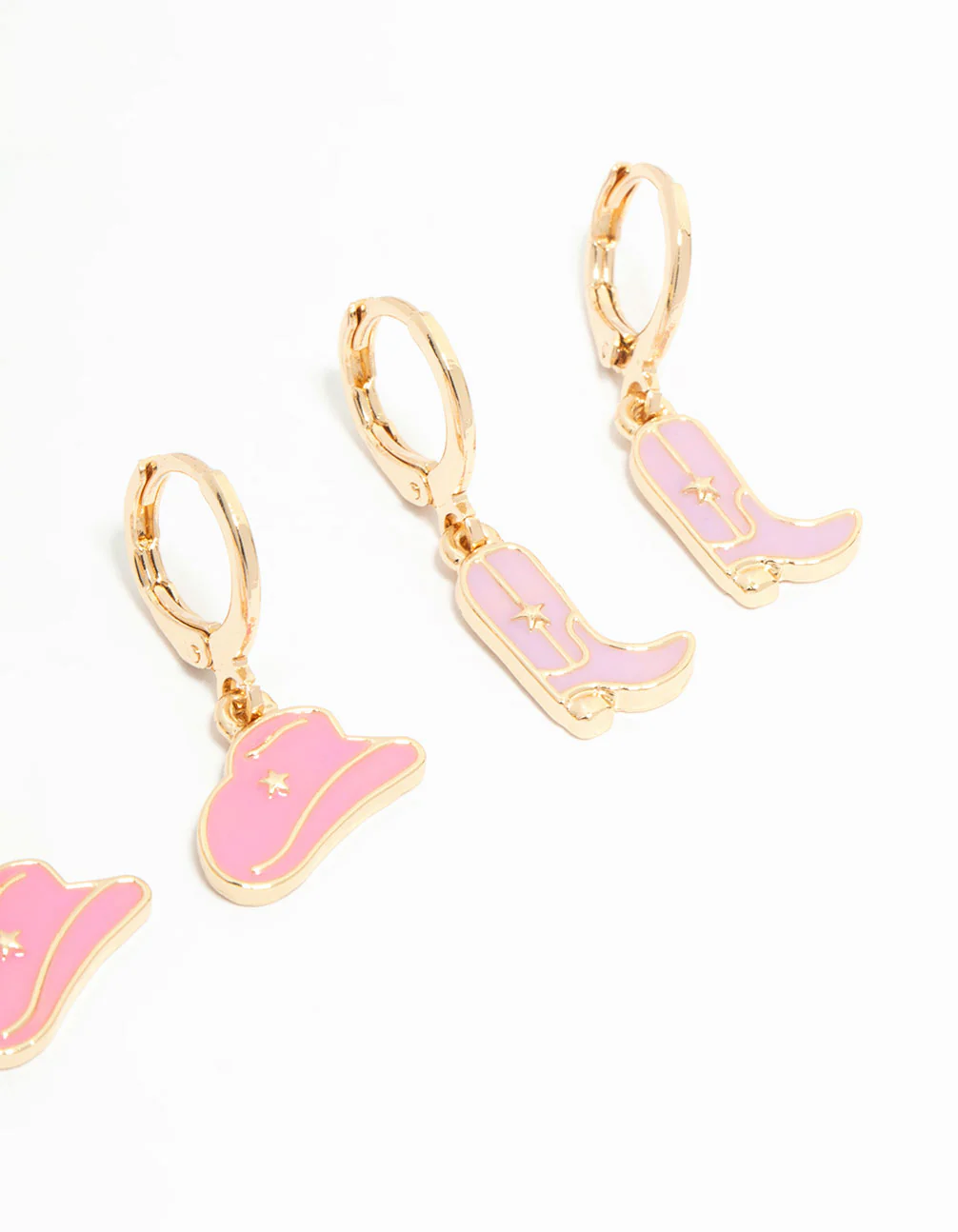 Kids Gold Pink Cowgirl & Heart Huggie Earrings 3-Pack - Image 3