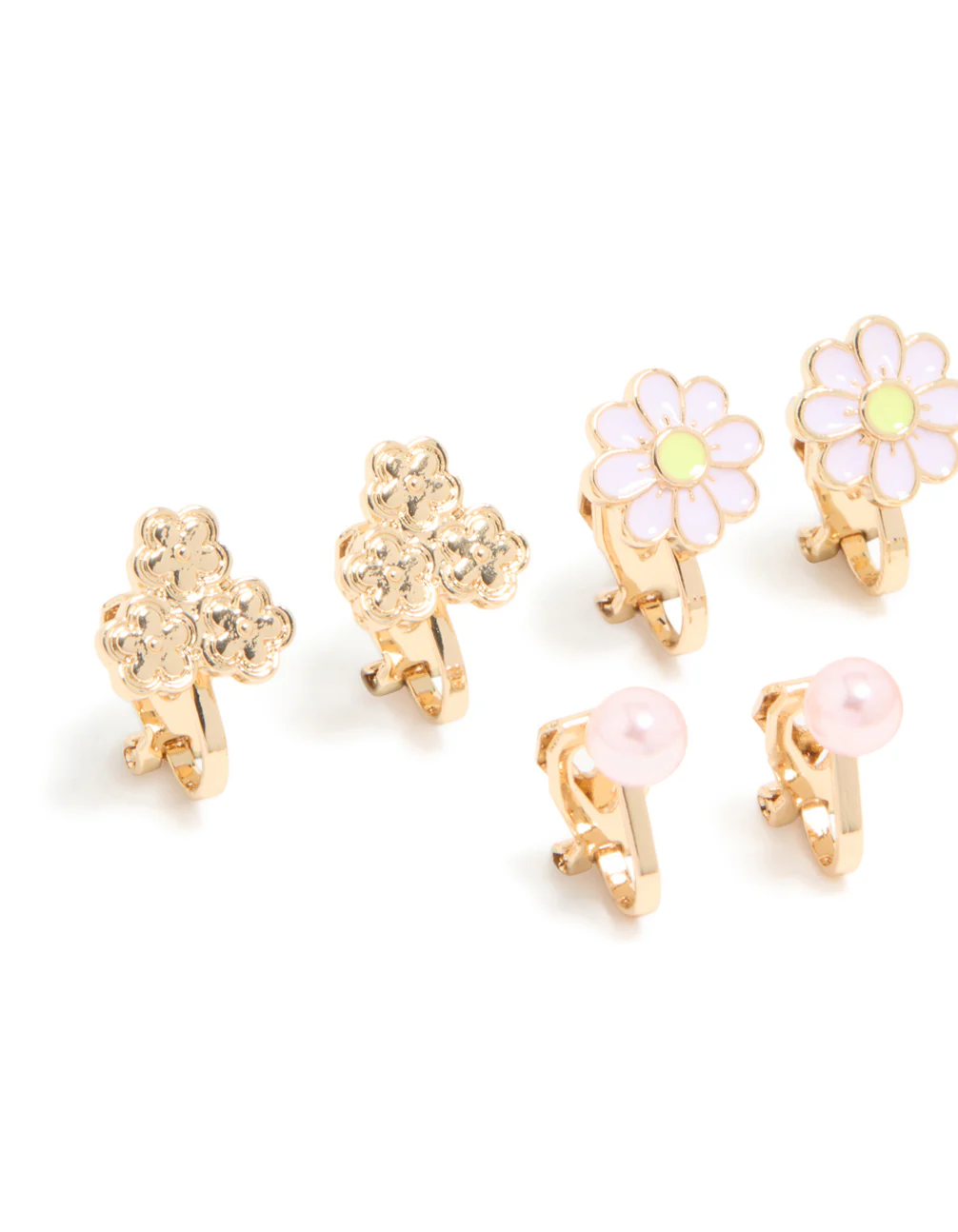 Kids Gold Pink Flower & Cat Outline Clip On Earrings 5-Pack - Image 2