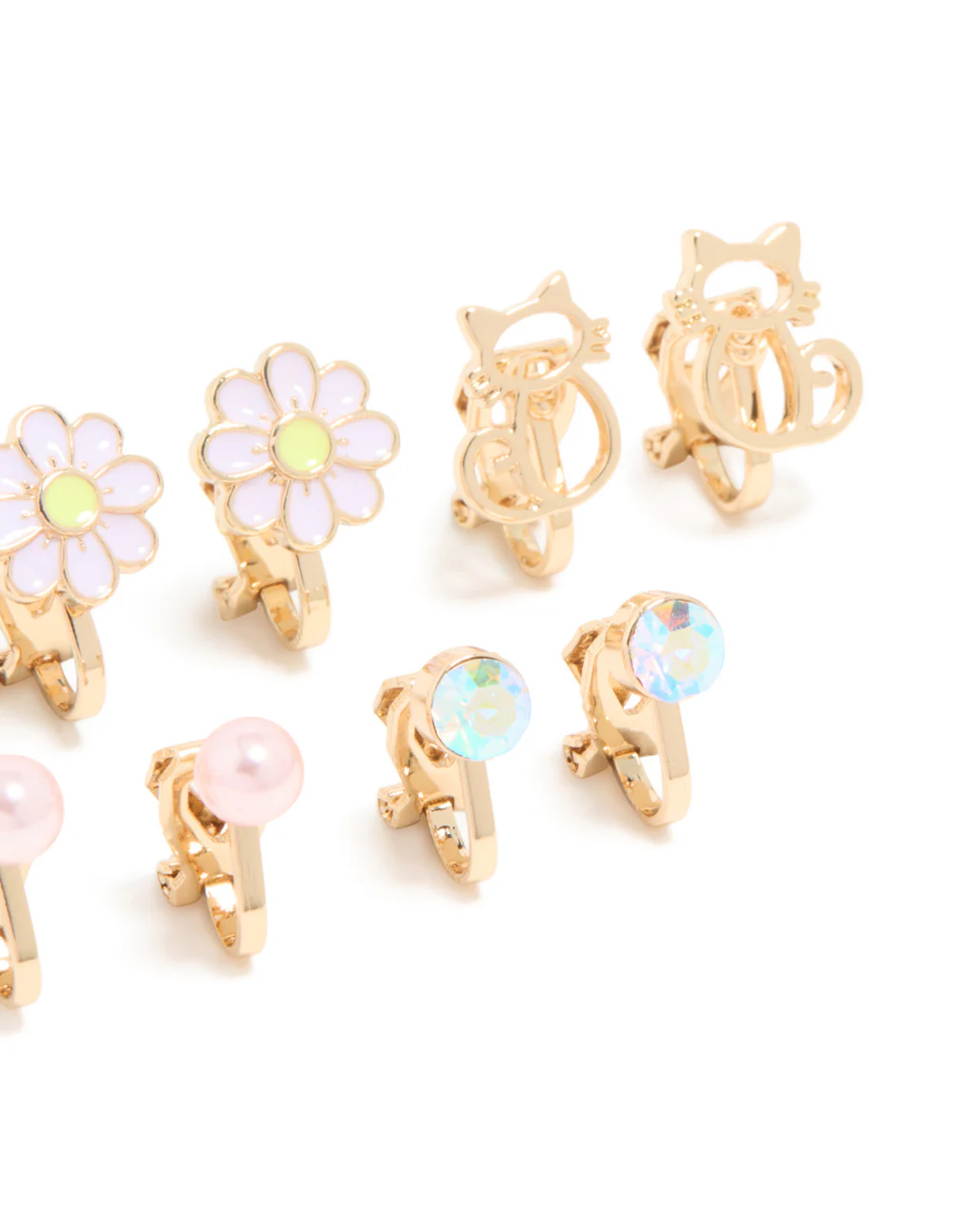 Kids Gold Pink Flower & Cat Outline Clip On Earrings 5-Pack - Image 3
