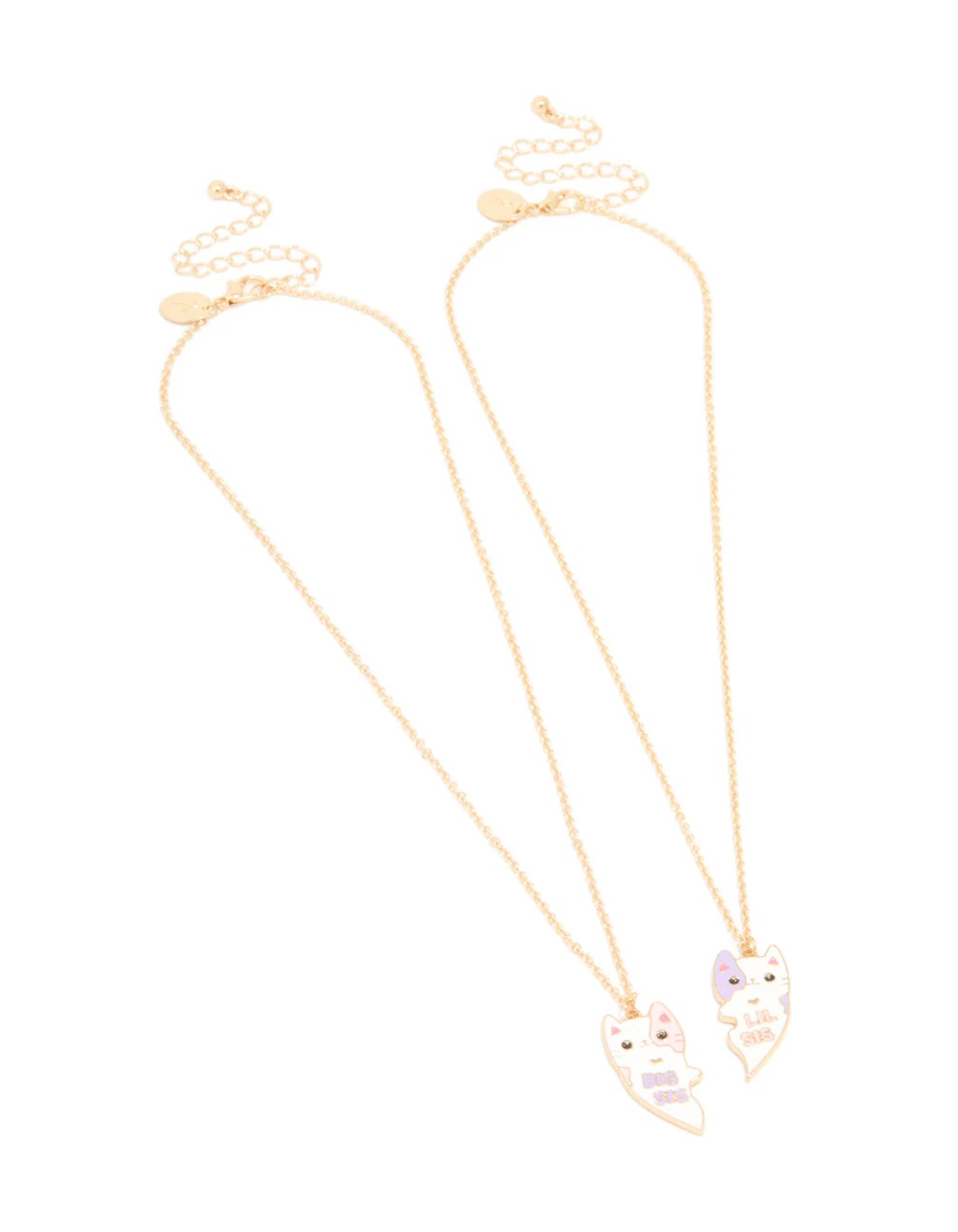 Kids Gold Pink & Purple Hugging Cat Big Sis Little Sis Necklaces Pack - Image 2