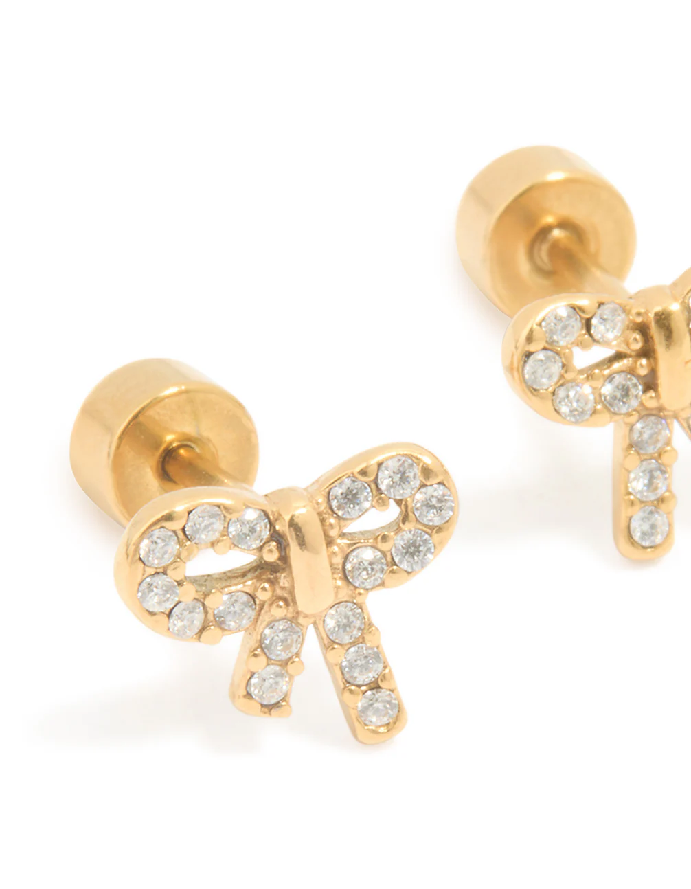Kids Gold Plated Surgical Steel Cubic Zirconia Bow Flat Back Earrings - Image 2