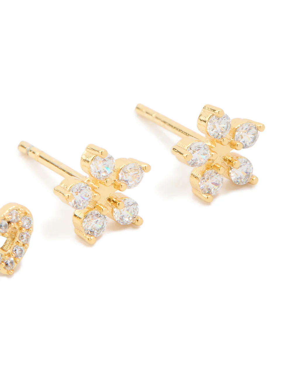 Kids Gold Plated Surgical Steel Cubic Zirconia Flower & Heart Stud Earrings 2-Pack - Image 3