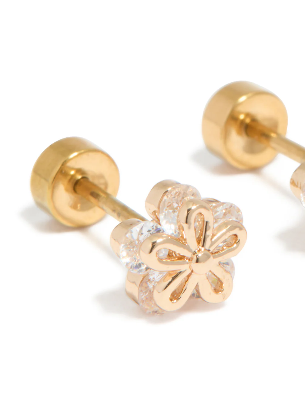 Kids Gold Plated Surgical Steel Cubic Zirconia Flower Outline Flat Back Studs - Image 2