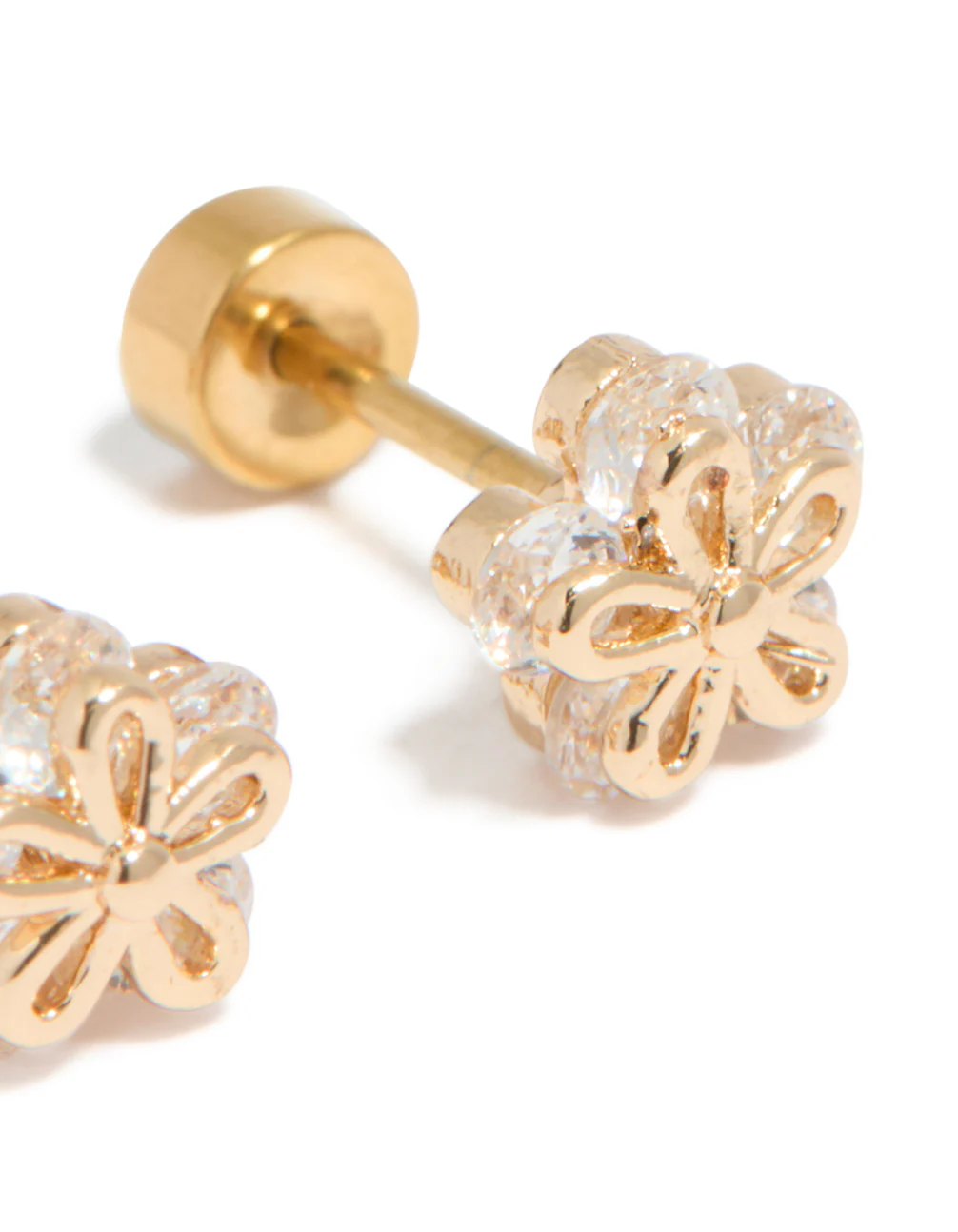 Kids Gold Plated Surgical Steel Cubic Zirconia Flower Outline Flat Back Studs - Image 3