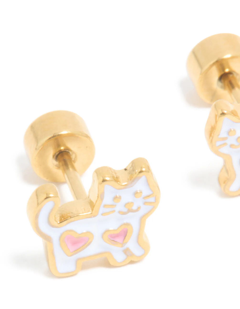 Kids Gold Plated Surgical Steel Heart White Cat Flat Back Studs - Image 2
