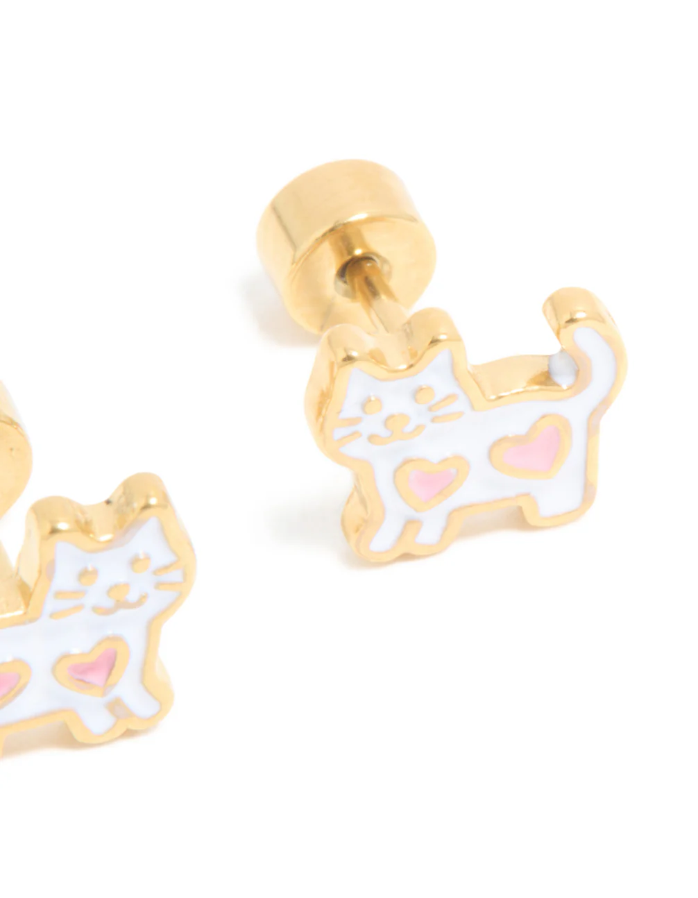 Kids Gold Plated Surgical Steel Heart White Cat Flat Back Studs - Image 3
