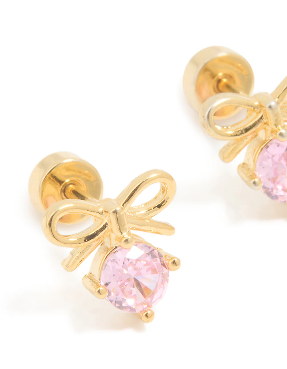 Kids Gold Plated Surgical Steel Pink Cubic Zirconia Bow Flat Back Earrings - Image 2