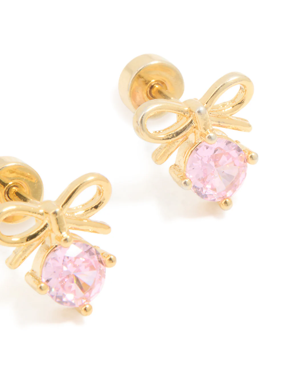 Kids Gold Plated Surgical Steel Pink Cubic Zirconia Bow Flat Back Earrings - Image 3