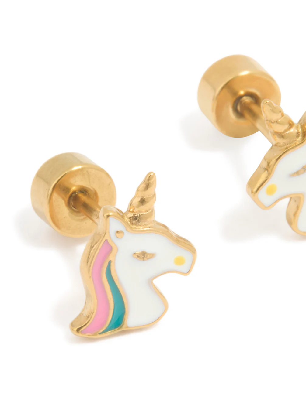 Kids Gold Plated Surgical Steel Unicorn Flat Back Earrings - Image 2