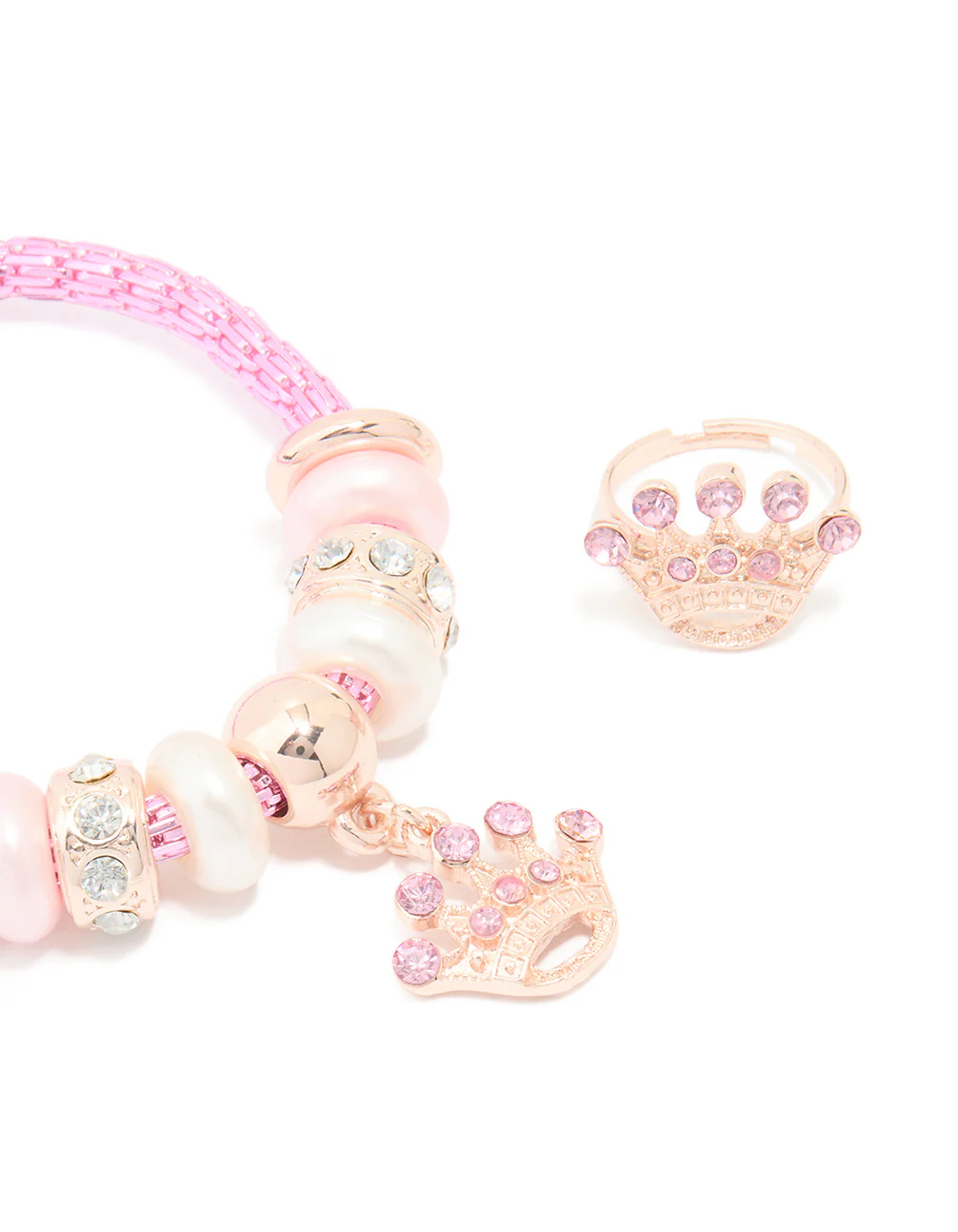 Kids Pink Diamante Crown Stretch Bracelet & Ring Set - Image 2