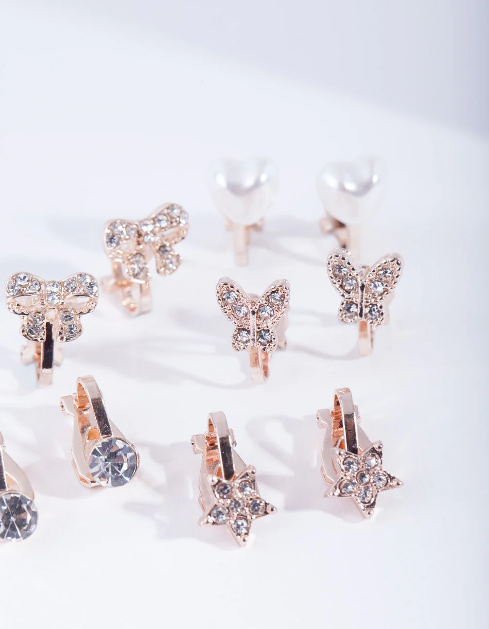 Kids Rose Gold Diamante Star Butterfly Heart & Bow Clip On Earring 5-Pack - Image 2