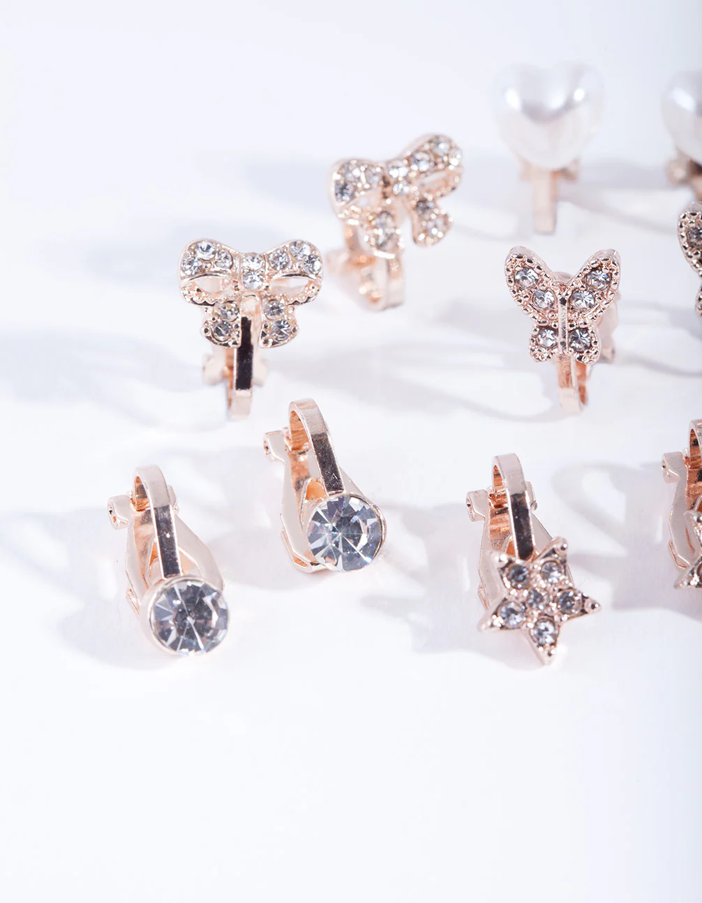 Kids Rose Gold Diamante Star Butterfly Heart & Bow Clip On Earring 5-Pack - Image 3