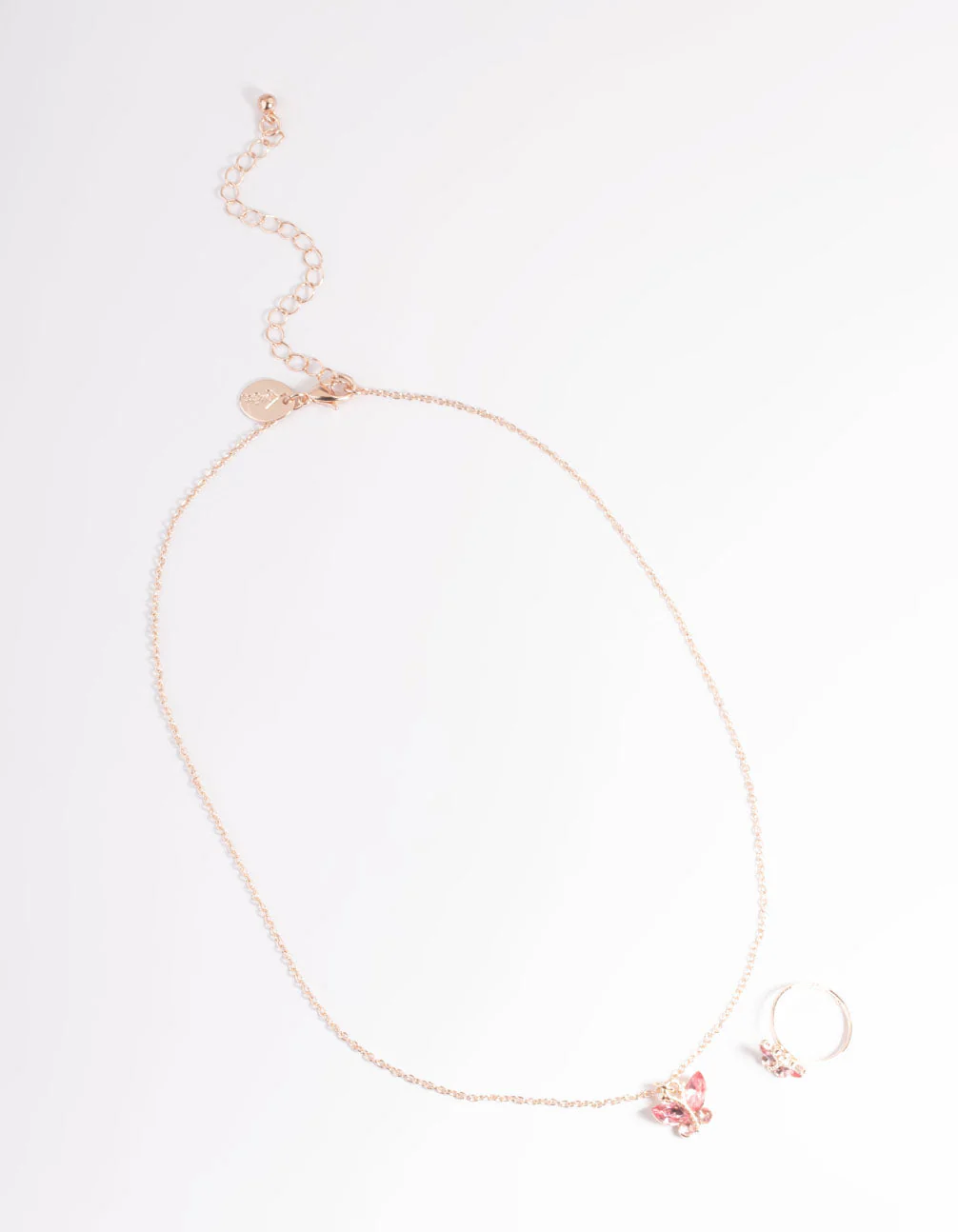 Kids Pink Diamante Butterfly Necklace & Ring Set - Image 2