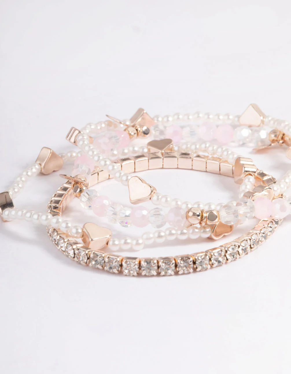 Kids Rose Gold Heart Diamante Stretch Bracelet 4-Pack - Image 2