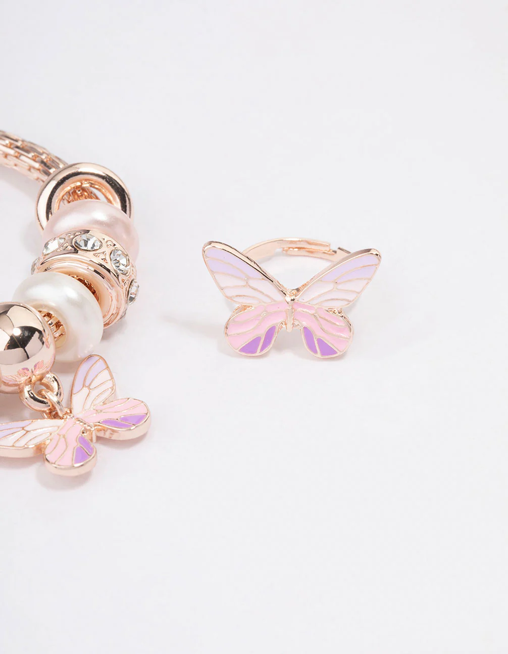 Kids Rose Gold Stretch Glitter Butterfly Bracelet & Ring Set - Image 3