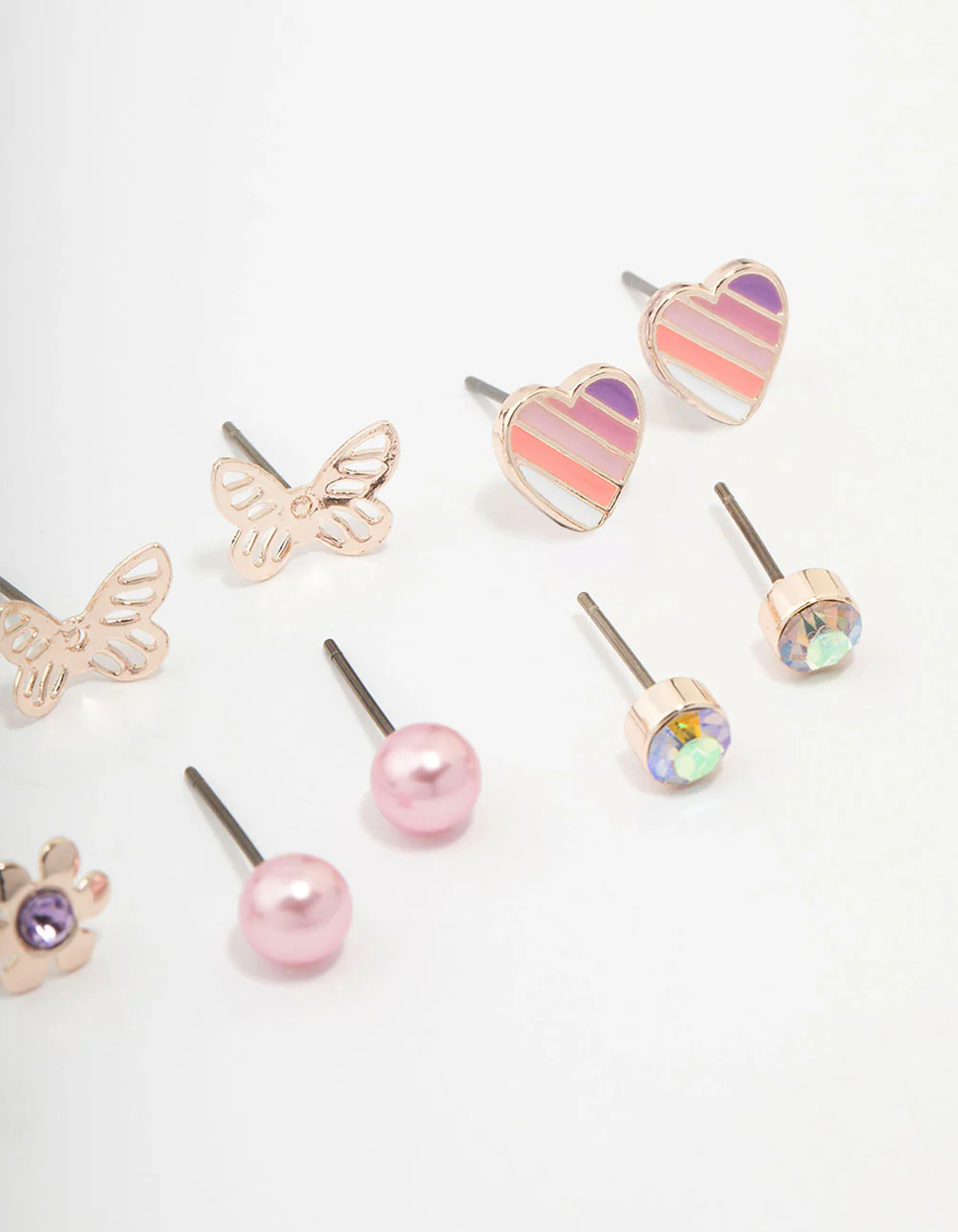 Kids Rose Gold Heart & Butterfly Stud Earring Pack - Image 3