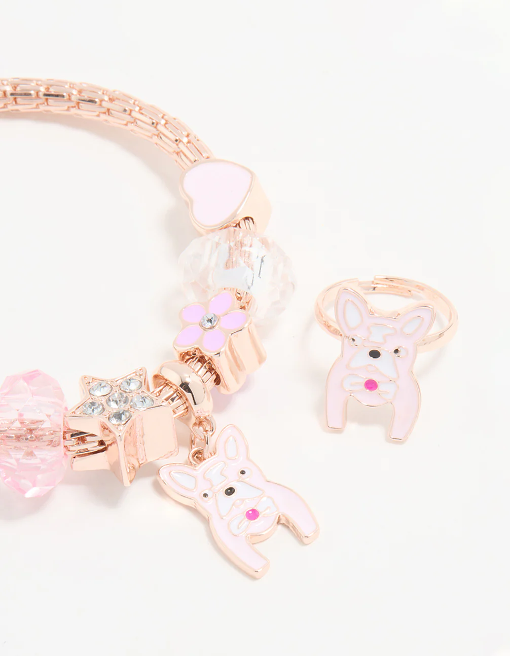 Kids Rose Gold Pink Dog Bracelet & Ring Pack - Image 2