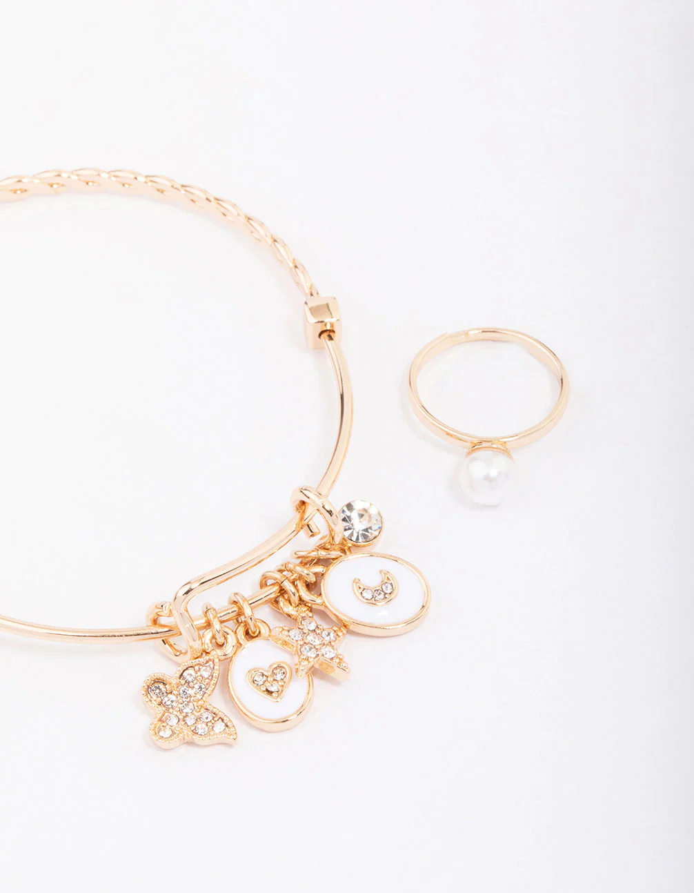 Kids Rose Gold Twisted Charm Bracelet & Ring Jewellery Set - Image 2