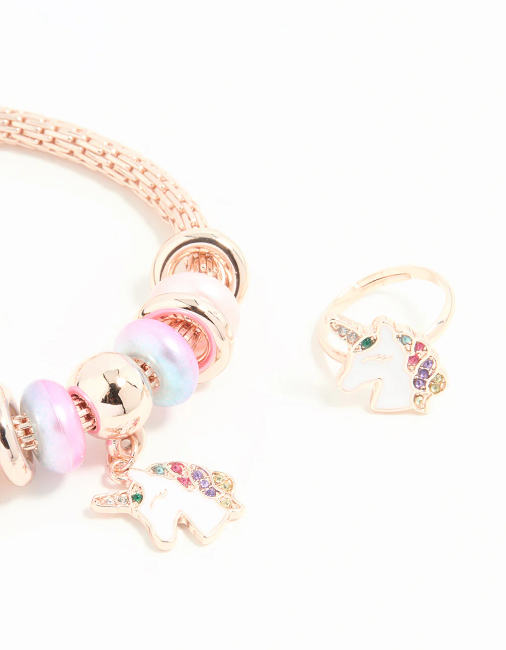 Kids Rose Gold Unicorn Stretch Bracelet & Ring Set - Image 2
