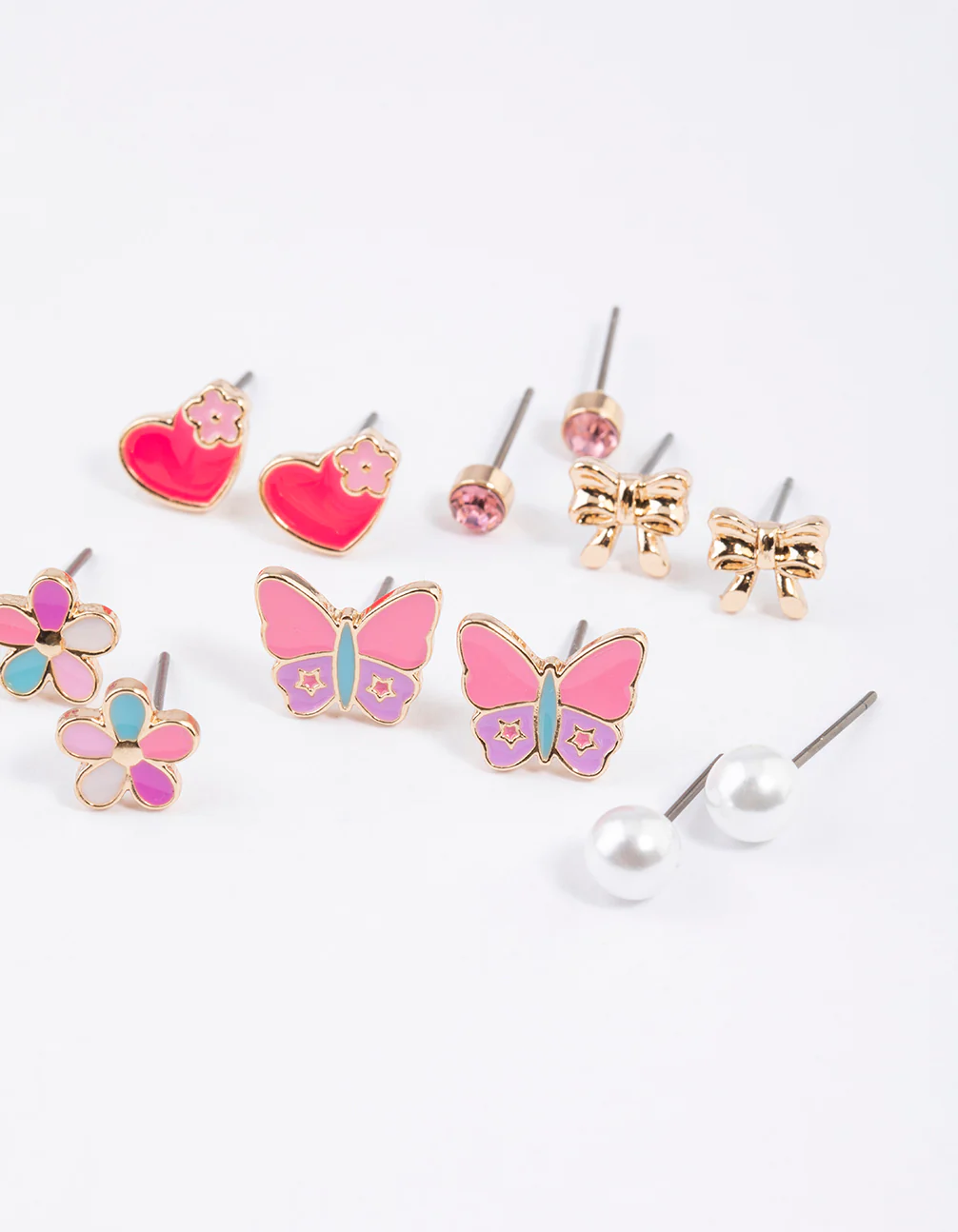 Kids Gold Butterfly Heart Stud Earrings 6-Pack - Image 2