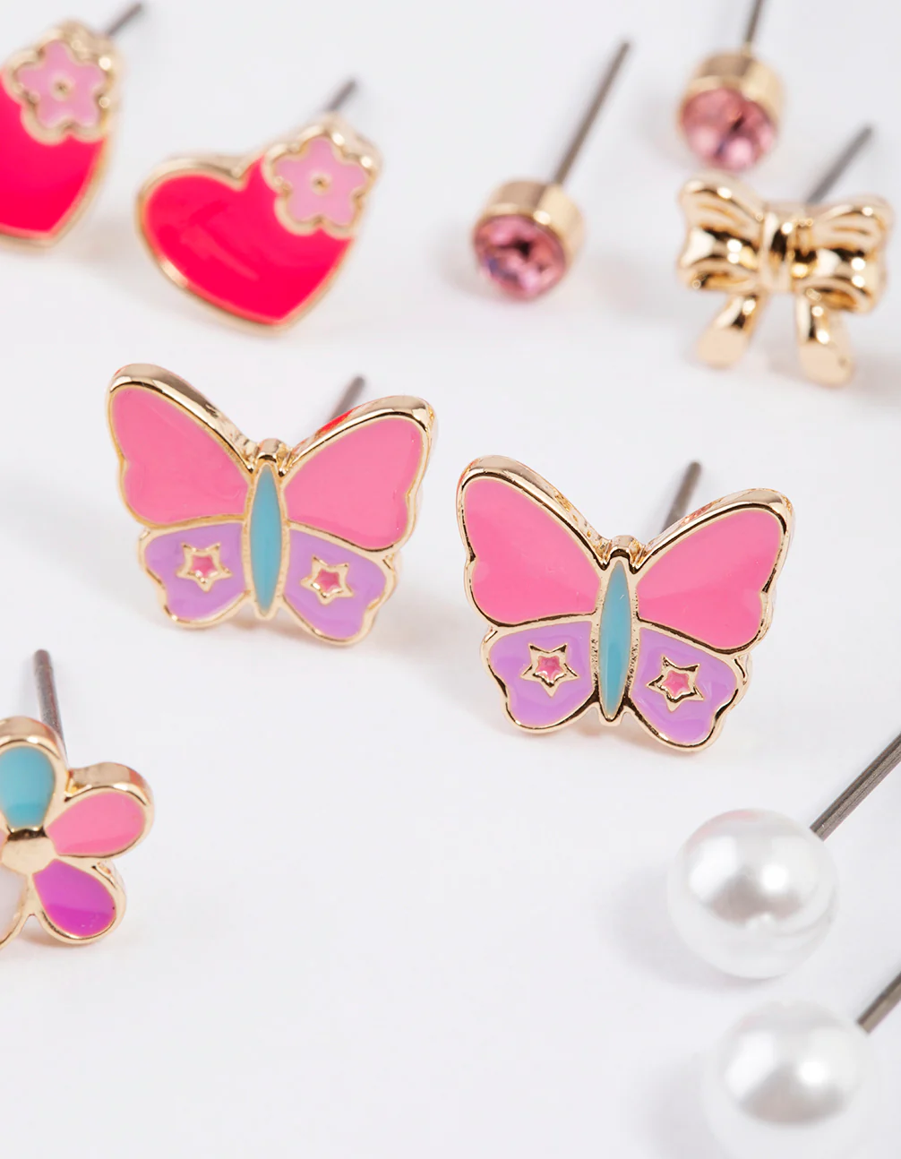 Kids Gold Butterfly Heart Stud Earrings 6-Pack - Image 3