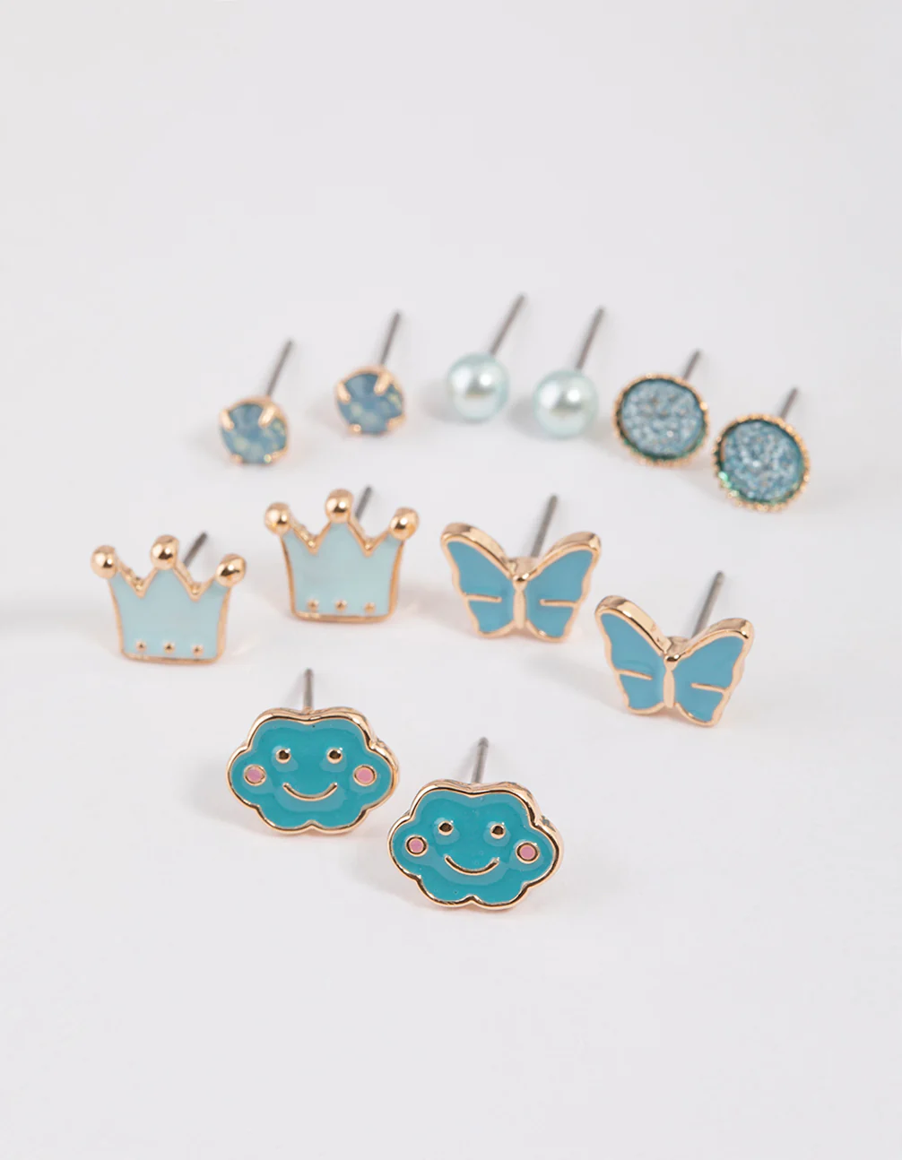 Kids Crown Butterfly Stud Earrings 6-Pack - Image 2