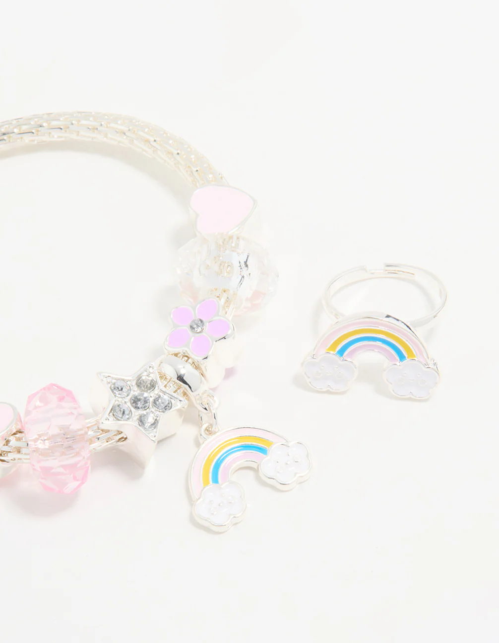 Kids Silver Beaded Rainbow Bracelet & Ring Pack - Image 2