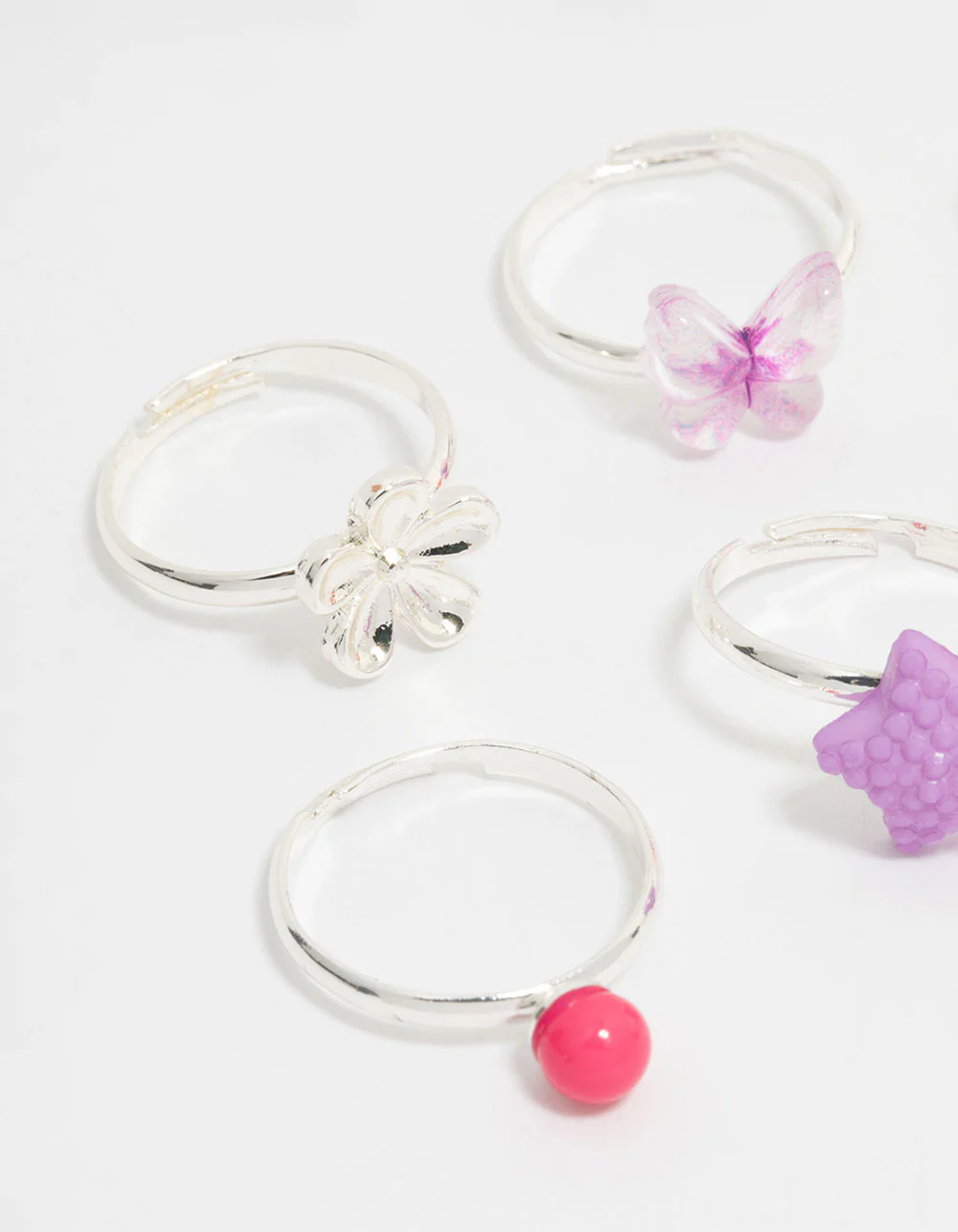 Kids Silver Pearl & Ombre Butterfly Fashion Rings 6-Pack - Image 2