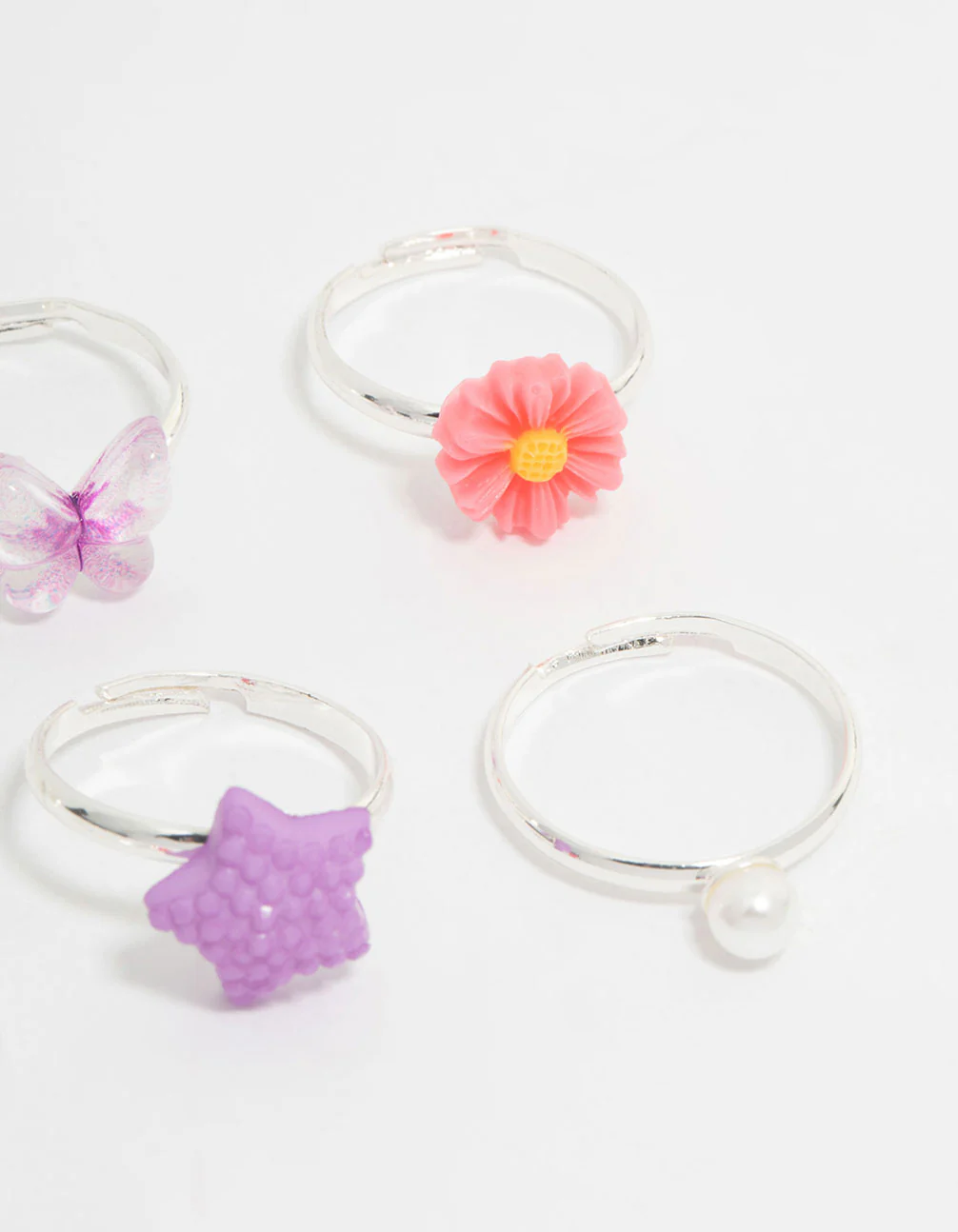 Kids Silver Pearl & Ombre Butterfly Fashion Rings 6-Pack - Image 3