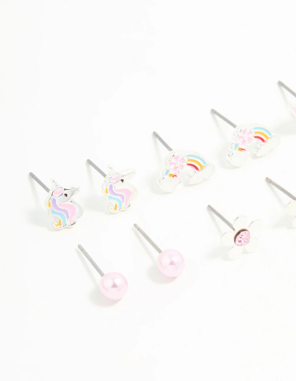Kids Silver Unicorn & Butterfly Stud Earrings 6-Pack - Image 2
