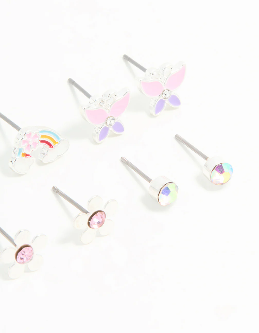 Kids Silver Unicorn & Butterfly Stud Earrings 6-Pack - Image 3