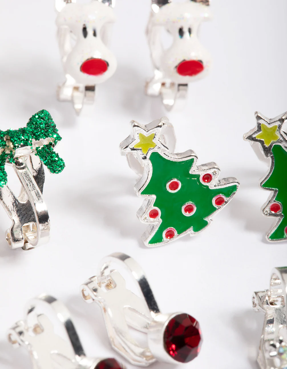 Kids Green Glitter Bow Clip On Earrings 5-Pack - Image 3
