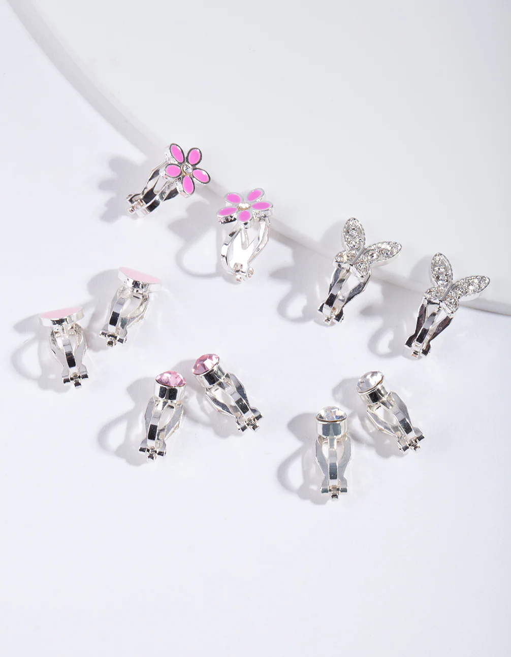 Kids Silver Diamante Heart Flower & Butterfly Clip On Earring 5-Pack - Image 2