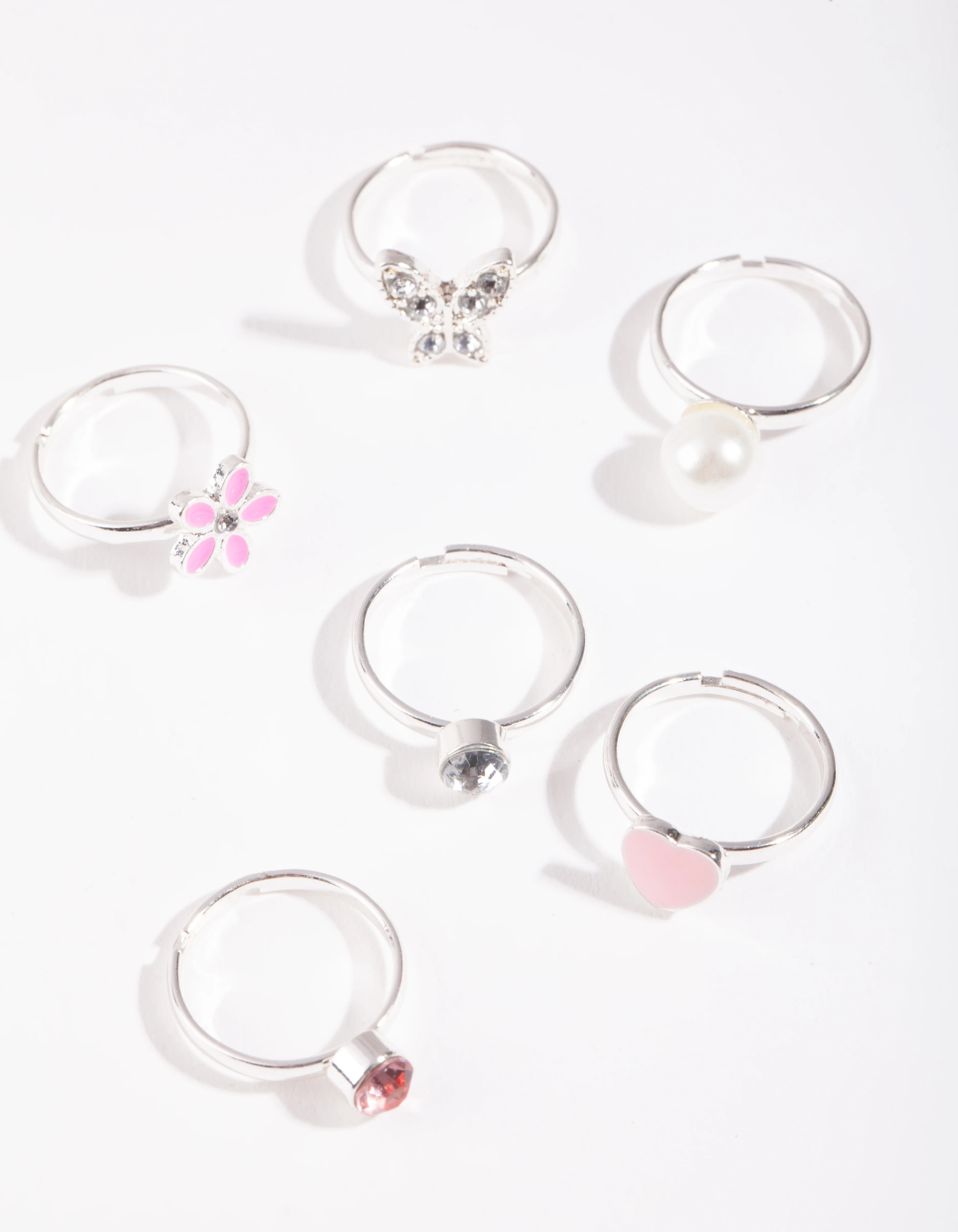 Kids Silver Flower Heart Ring 6-Pack - Image 2
