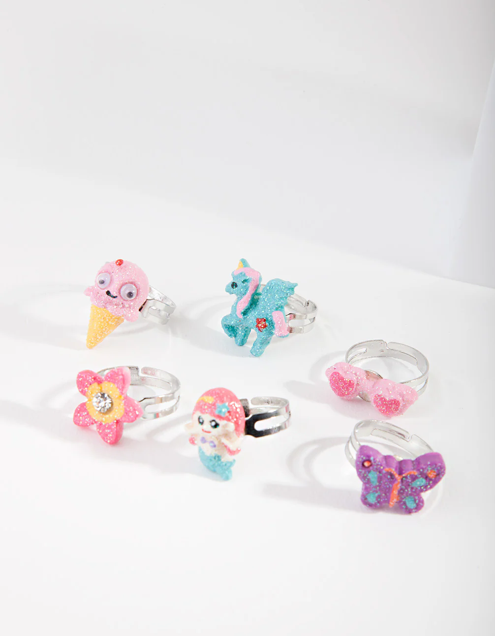 Kids Silver Mermaid & Unicorn Ring 6-Pack - Image 2