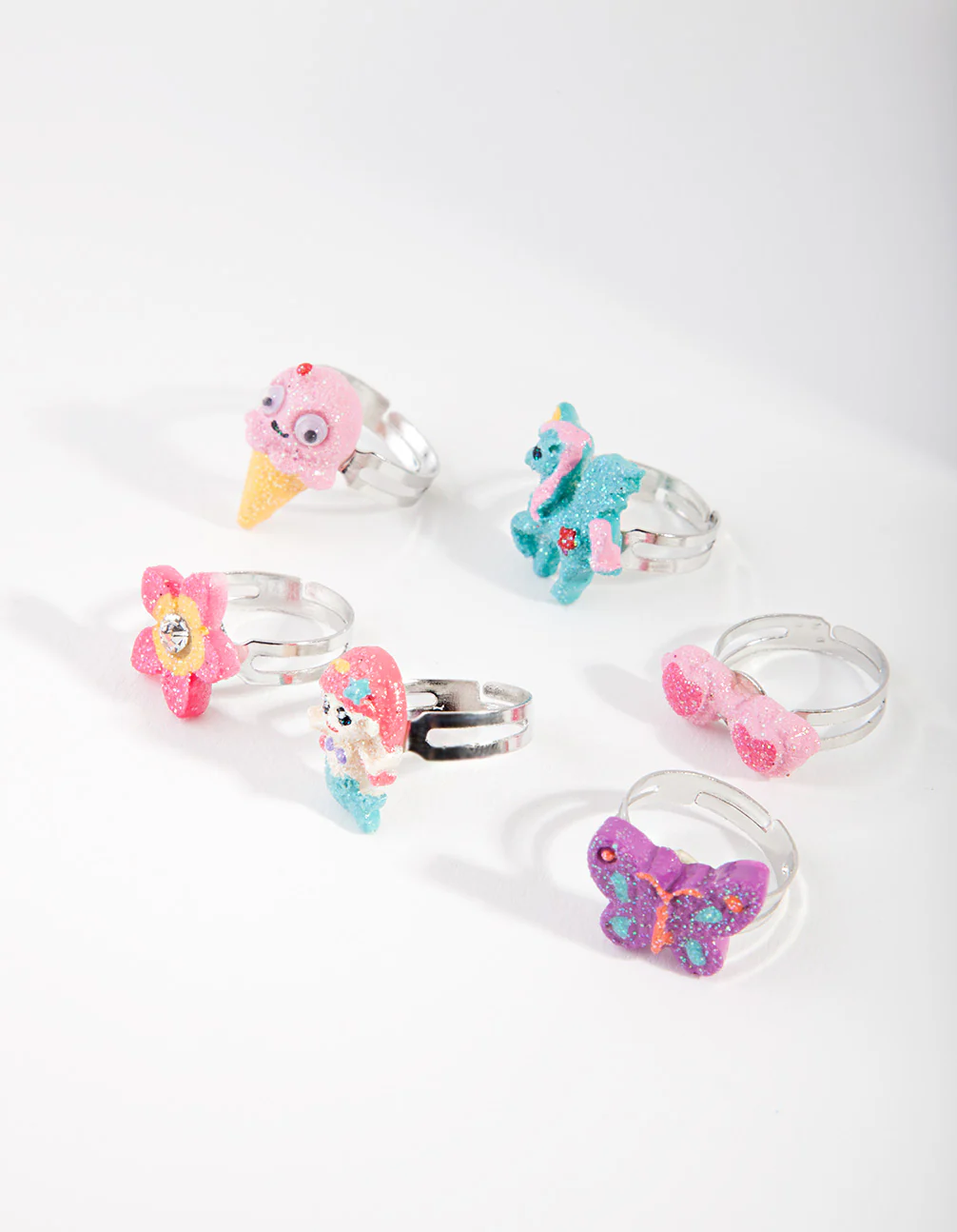 Kids Silver Mermaid & Unicorn Ring 6-Pack - Image 3