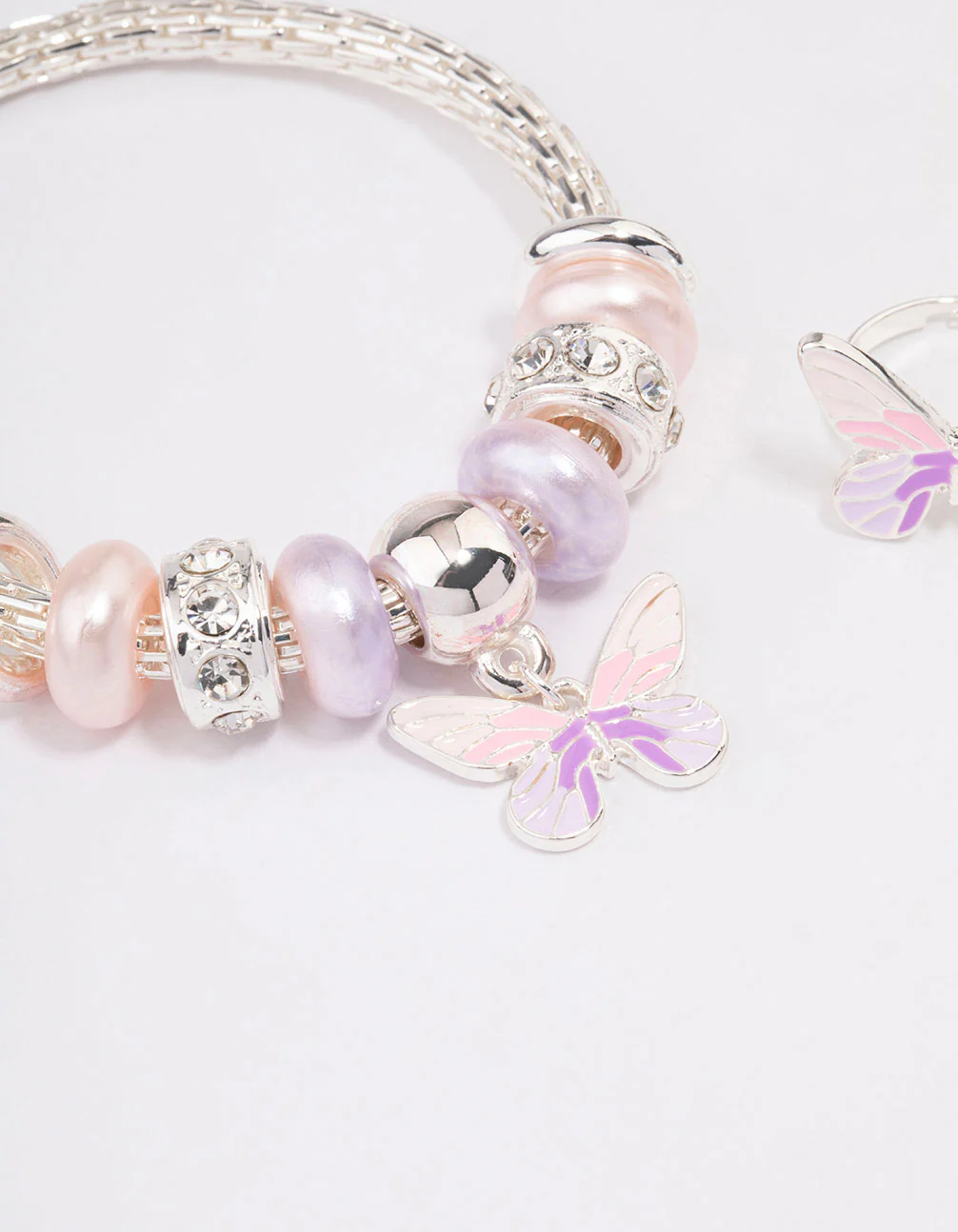Kids Silver Stretch Glitter Butterfly Bracelet & Ring Set - Image 2
